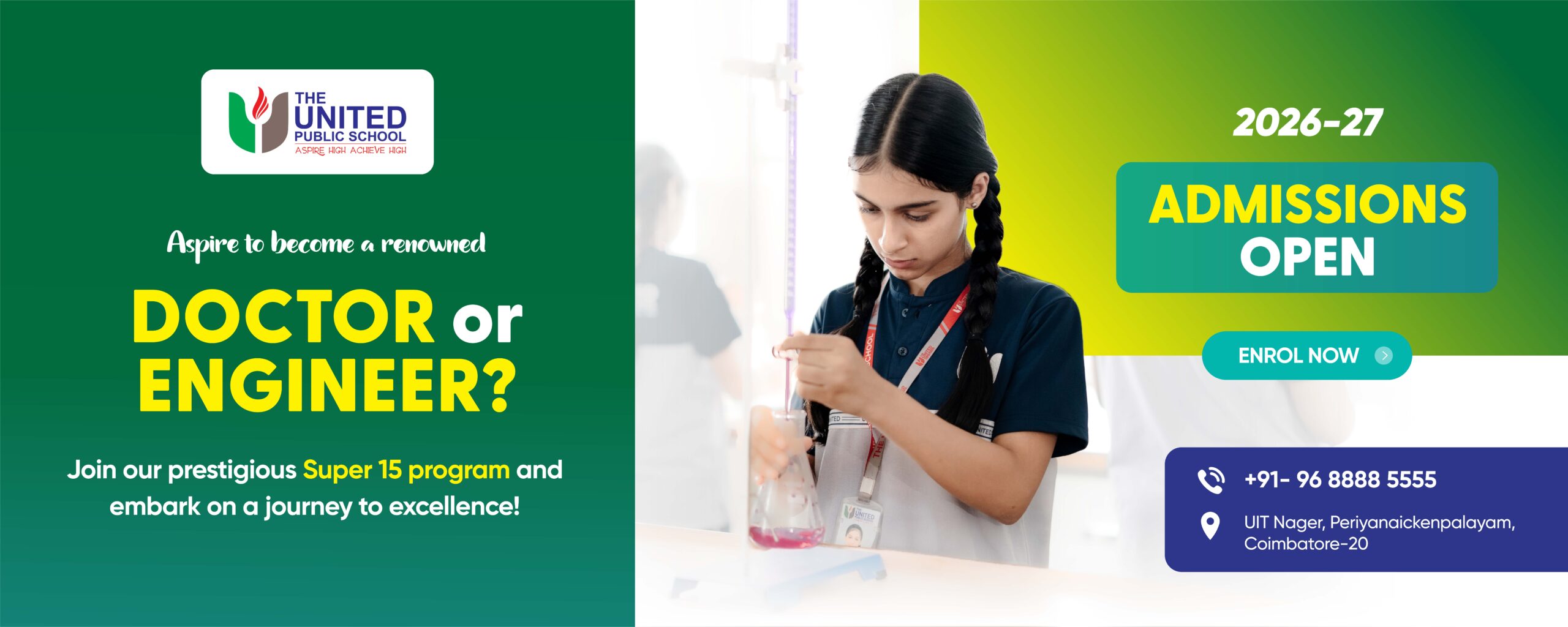 Student performing science experiment at The United Public School, Coimbatore – Admissions Open 2026–27